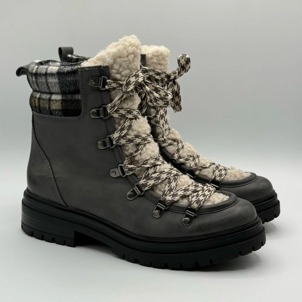 Circus by Sam Edelman Giselle Faux Fur Plaid Hiker Ankle Side Zip Boots  Size 9 - Picture 3 of 16